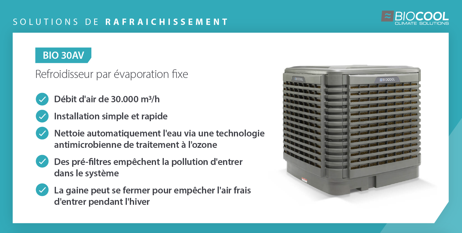 Vitrine de produits comparant les caractéristiques des unités de refroidissement par évaporation fixes et portables Biocool pour les entrepôts