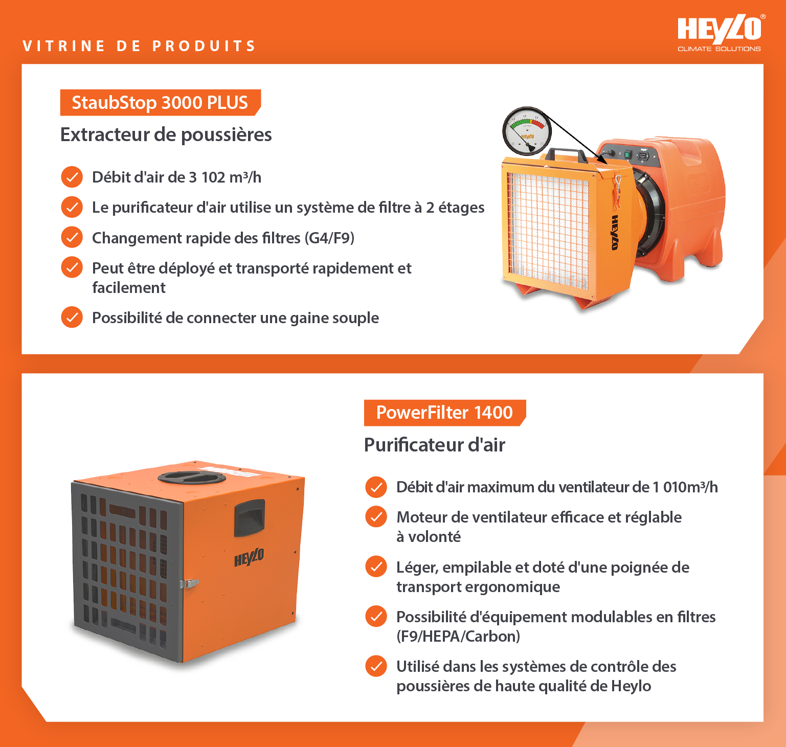 Vitrine de produits comparant les caractéristiques des extracteurs de poussière et des purificateurs d'air Heylo pour les travailleurs du bâtiment et de la construction