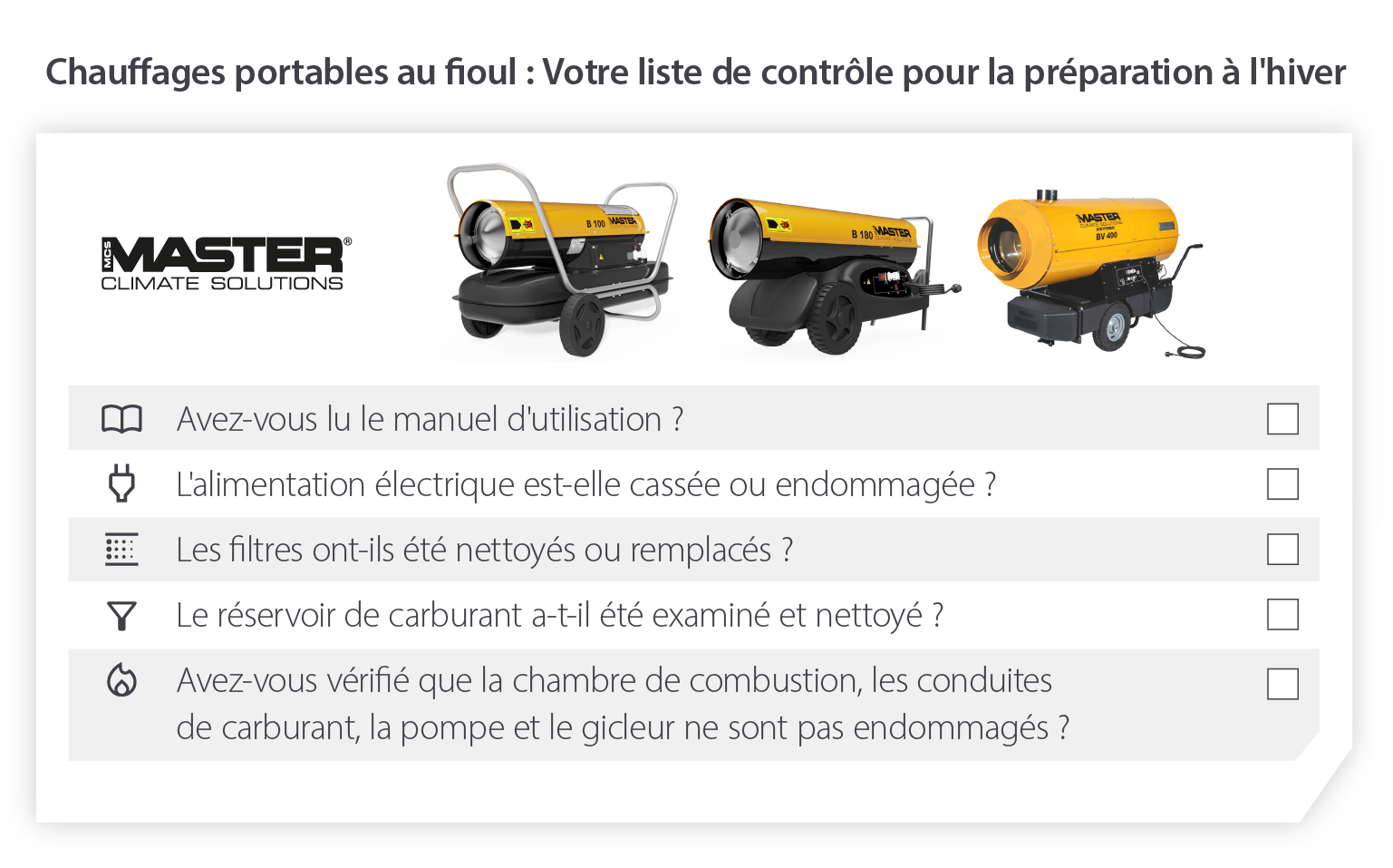 Liste de contrôle de la préparation des chauffages au fioul pour l'hiver afin de s'assurer que les chauffages fonctionnent pour l'hiver et les températures froides - Image infographique