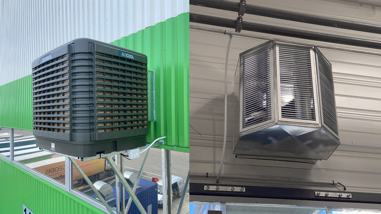 Evaporative cooling installation at warehouse - inside and outside